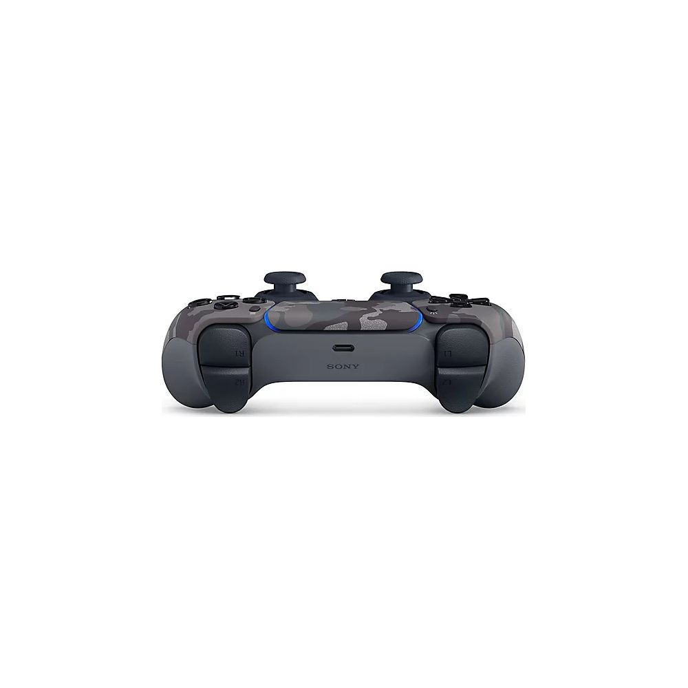 Een grijze PlayStation 5 controller met camouflagepatroon, op witte achtergrond.