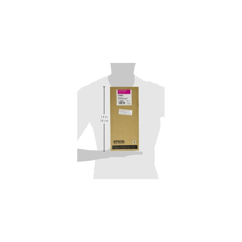 Ein Mann hält eine Epson T5963 Tinte-Verpackung, 34 cm hoch.