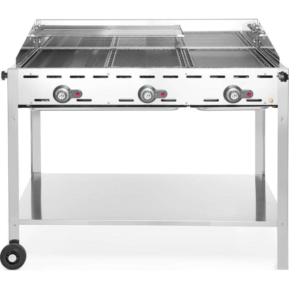 Ein glänzender Edelstahlgrill mit drei Brennern und einem unteren Regal.