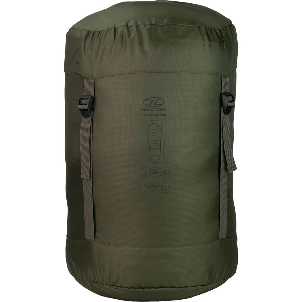 Grüner Schlafsack mit Schnallen und Kordelzug. Marke Highlander Defender 450.