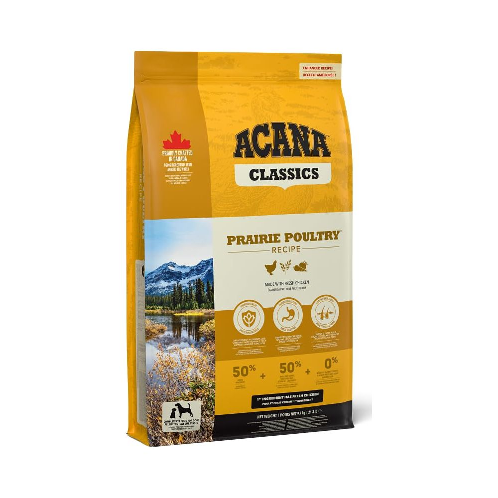 Torba karmy dla psów Acana Classics Prairie Poultry z górskim krajobrazem.