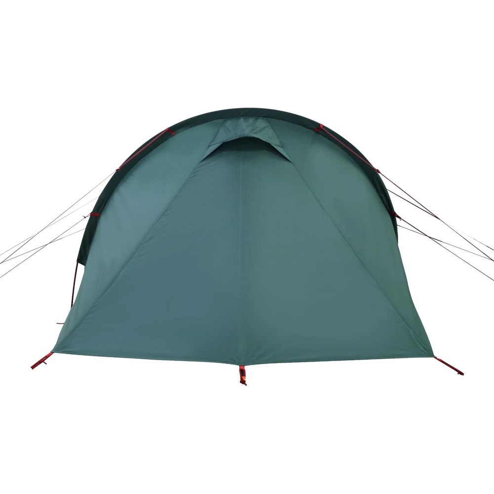 Una tenda a cupola verde scuro con accenti rossi, su sfondo bianco.