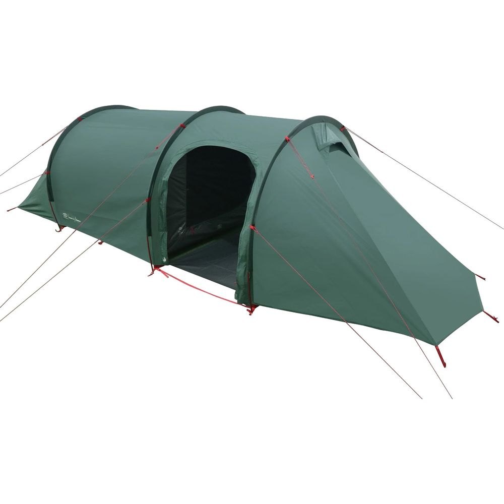 Una tenda verde con due ingressi e tiranti rossi su sfondo bianco.