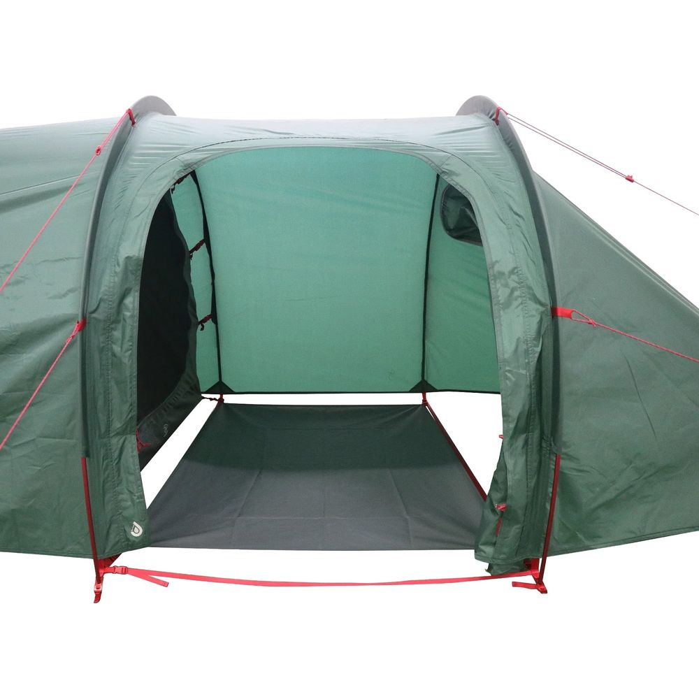 Tenda verde con ingresso aperto e pavimento grigio. Accenti rossi.
