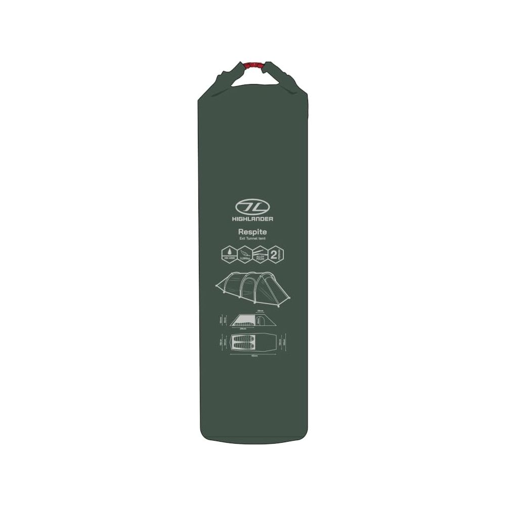 Sacchetto tenda verde scuro con logo Highlander e grafiche tenda.