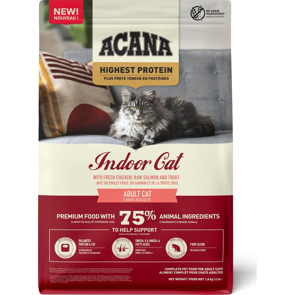 Acana Indoor Cat karma dla kota z kurczakiem, łososiem, pstrągiem. Najwięcej białka.
