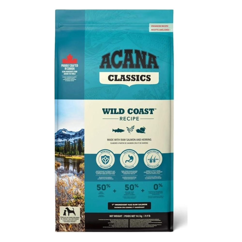 Karma dla psów Acana Wild Coast z łososiem i śledziem, dumna produkcja w Kanadzie.