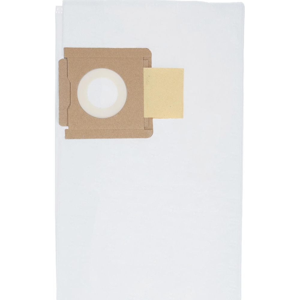 Una bolsa de aspiradora blanca con conector marrón y pegatina amarilla.