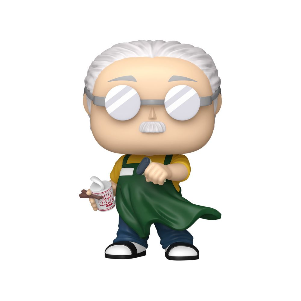 Funko Pop starszego mężczyzny z siwymi włosami, okularami i wąsami, w zielonym fartuchu.