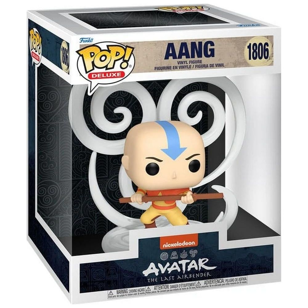 Figurka Funko Pop Deluxe Aanga z Avatara trzymająca laskę, ze spiralnym tłem.