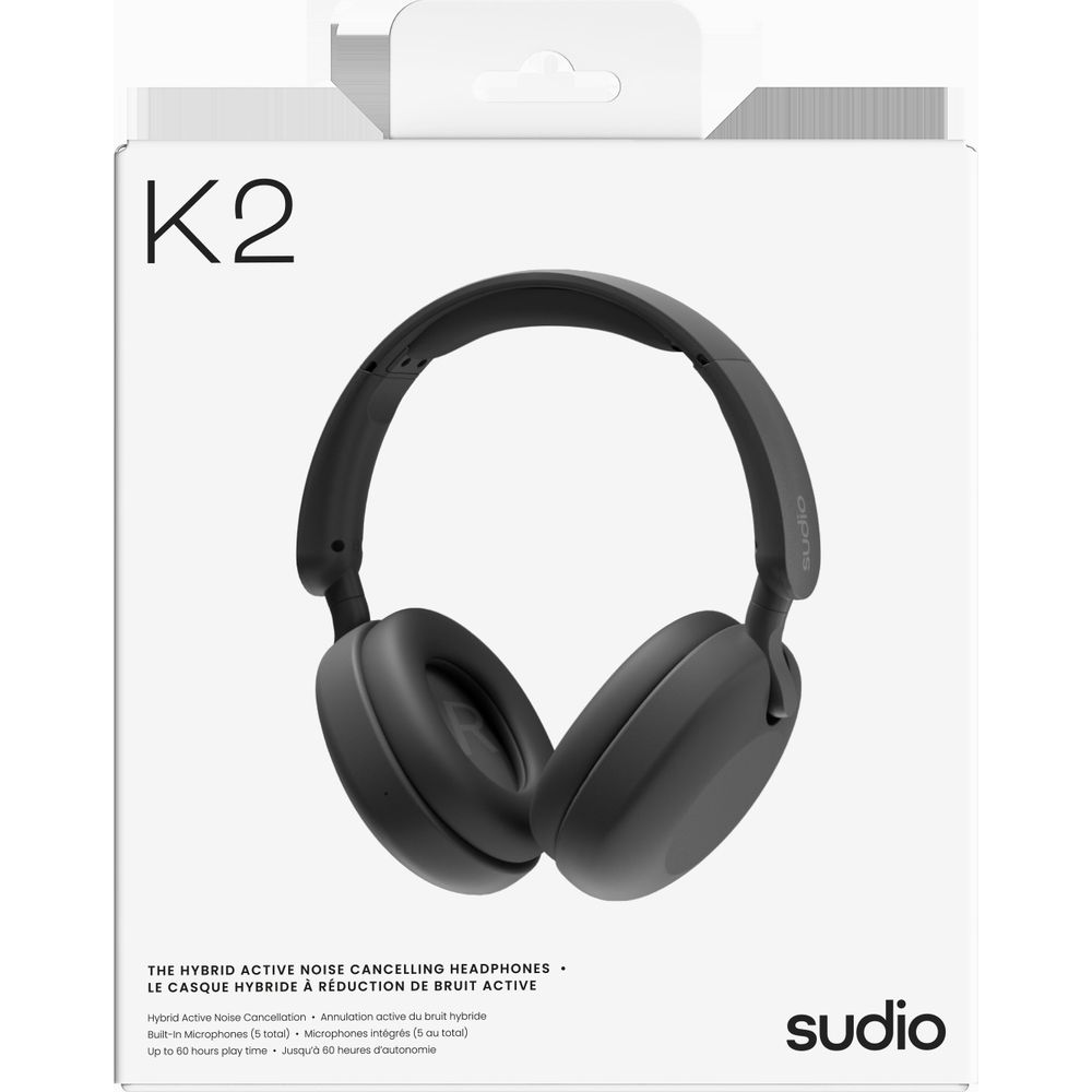 Casque supra-auriculaire noir avec ANC hybride, étiqueté K2.