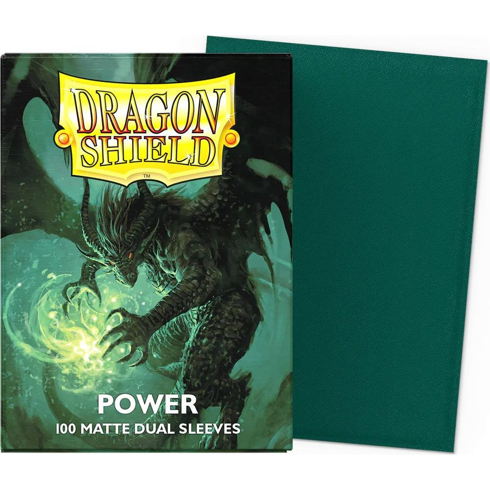 Dragon Shield Power 100 fundas duales mate con diseño de dragón y funda verde.