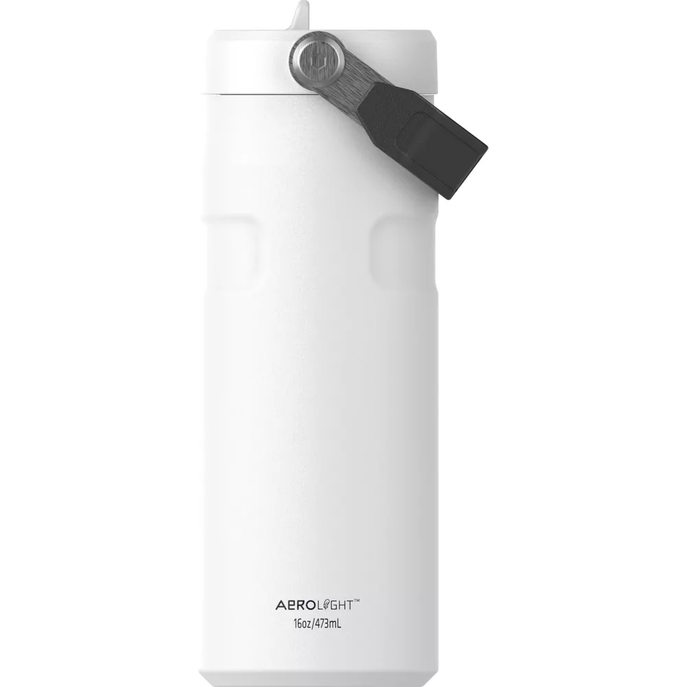 Siyah saplı ve gümüş detaylı beyaz su şişesi. Aerolight 16oz/473ml.