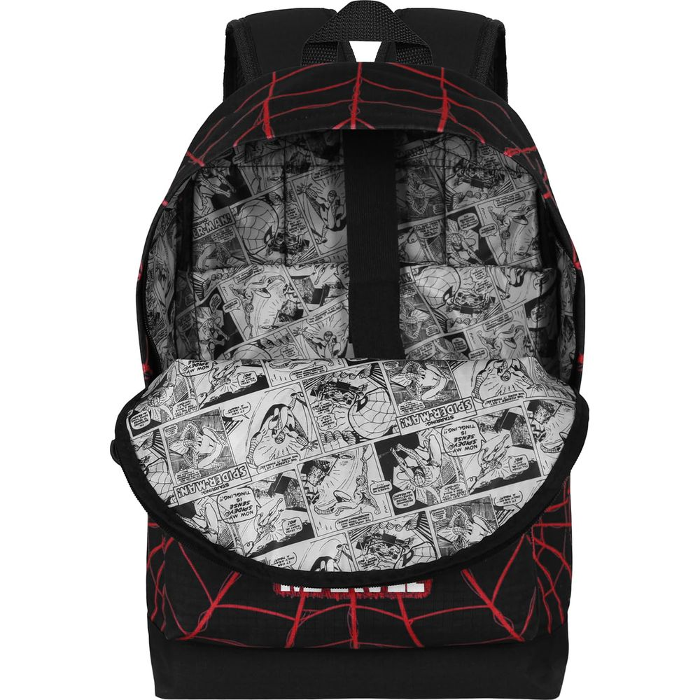 Ein schwarzer Rucksack mit rotem Spinnennetz-Muster und Comic-Innenseite.