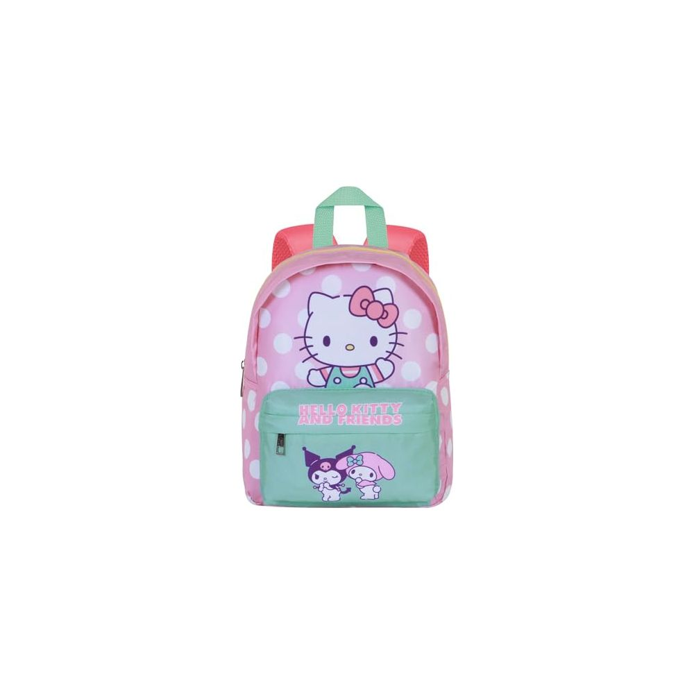 Ein rosa Rucksack mit weißen Punkten, Hello Kitty und Freunden.