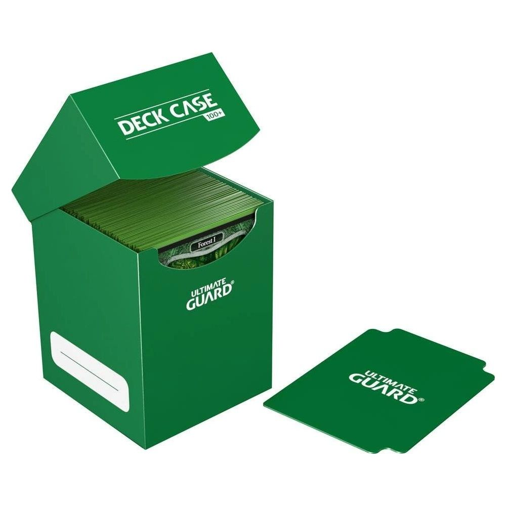 Boîte à cartes verte Ultimate Guard ouverte, montrant des cartes à l'intérieur. Couvercle relevé.