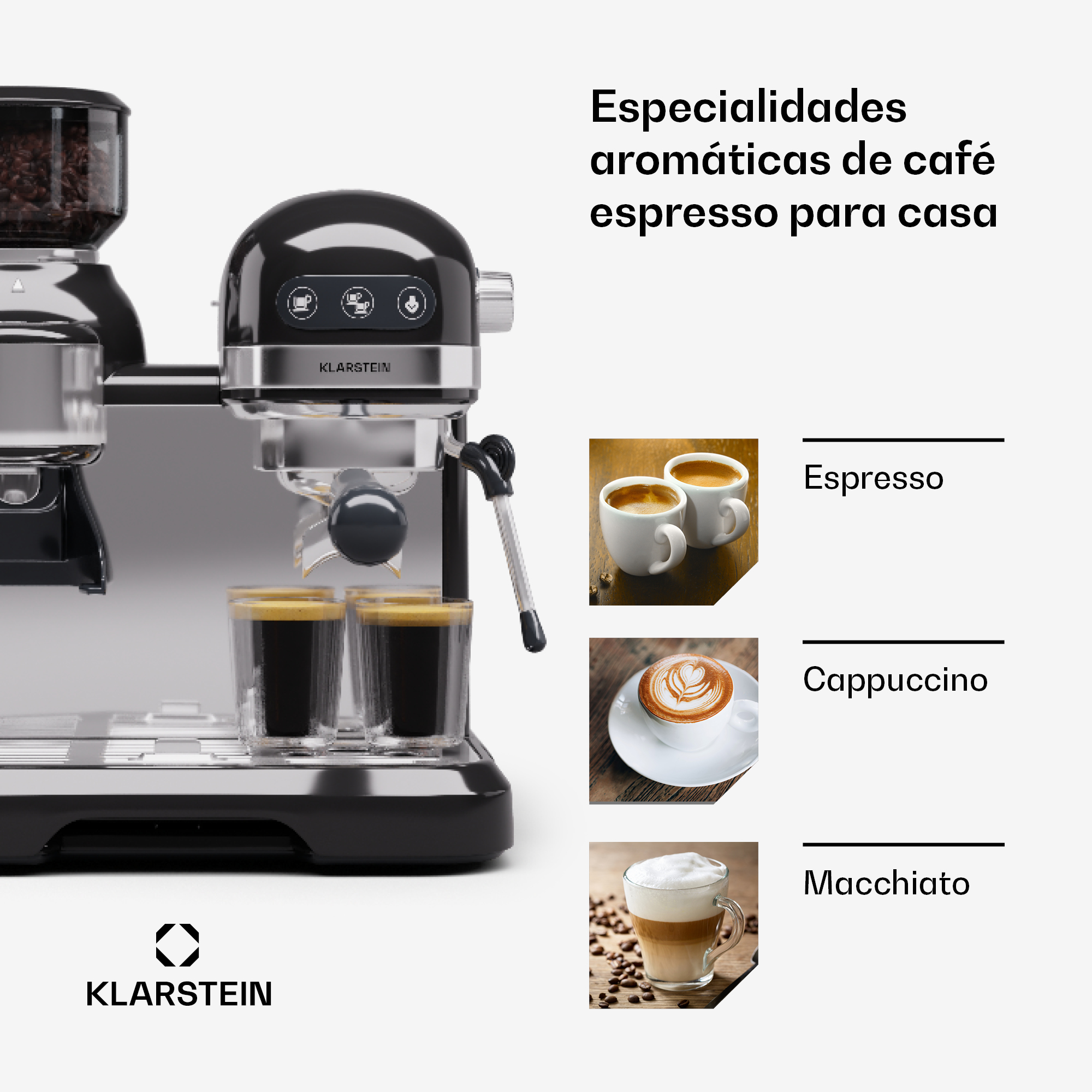 Espressomaschine mit Bohnenbehälter und drei Kaffeezubereitungen.