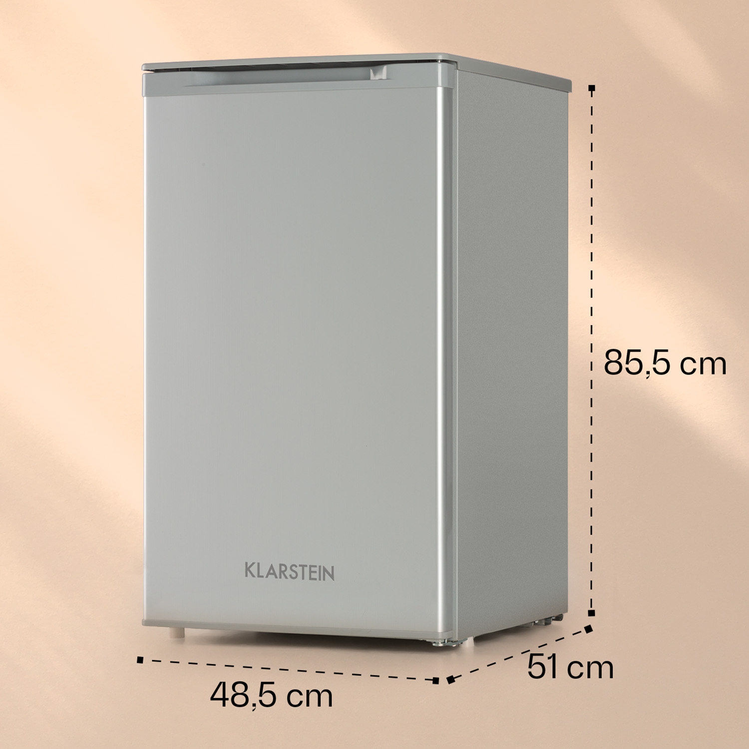 Ein silberner Klarstein-Kühlschrank mit den Maßen 85,5 x 48,5 x 51 cm.