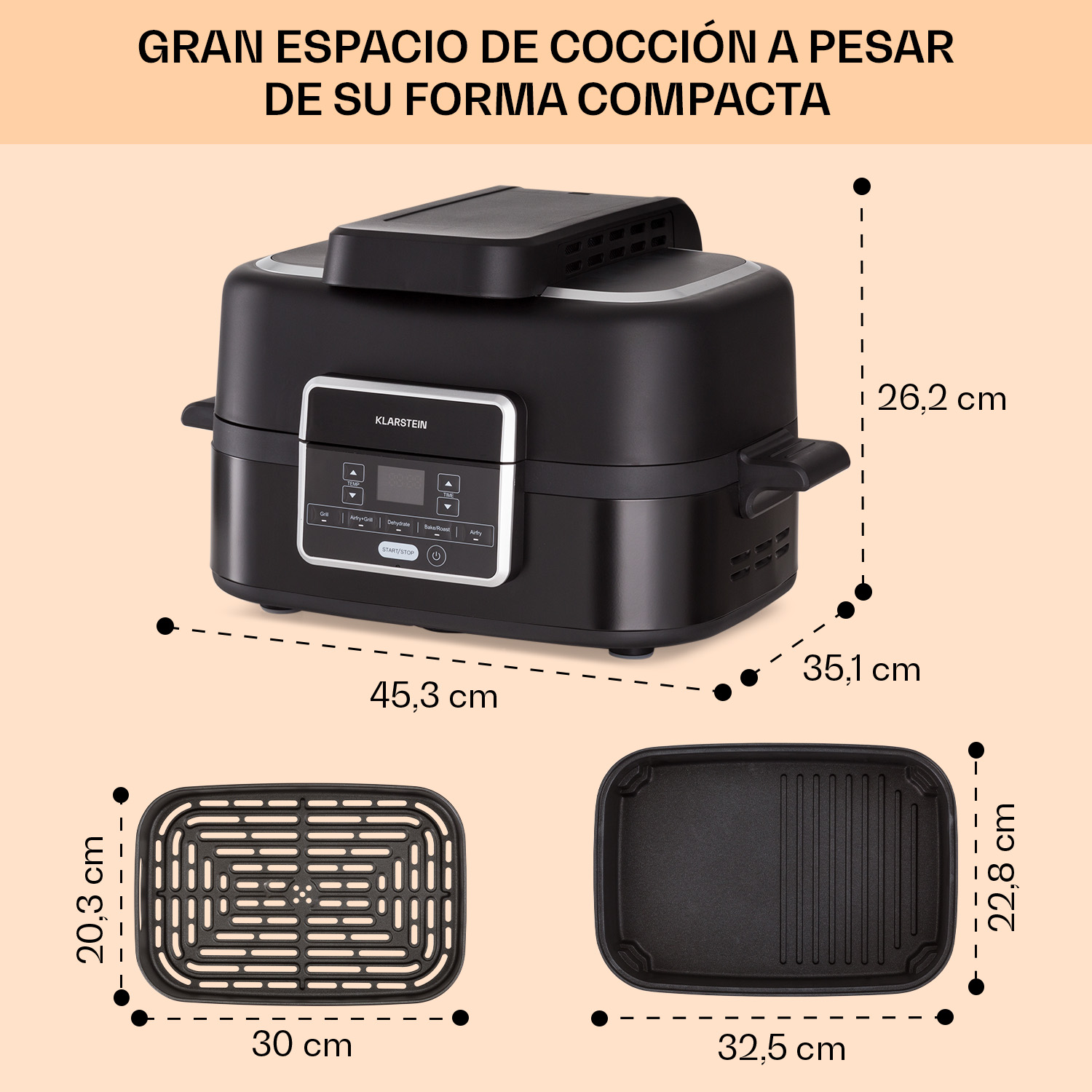Friggitrice ad aria Klarstein nera con accessori e dimensioni: 45,3x35,1x26,2 cm.