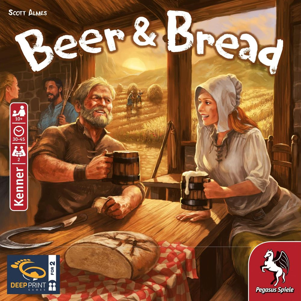 Männer und Frauen trinken Bier in einem rustikalen Gasthaus mit Blick auf ein Feld.