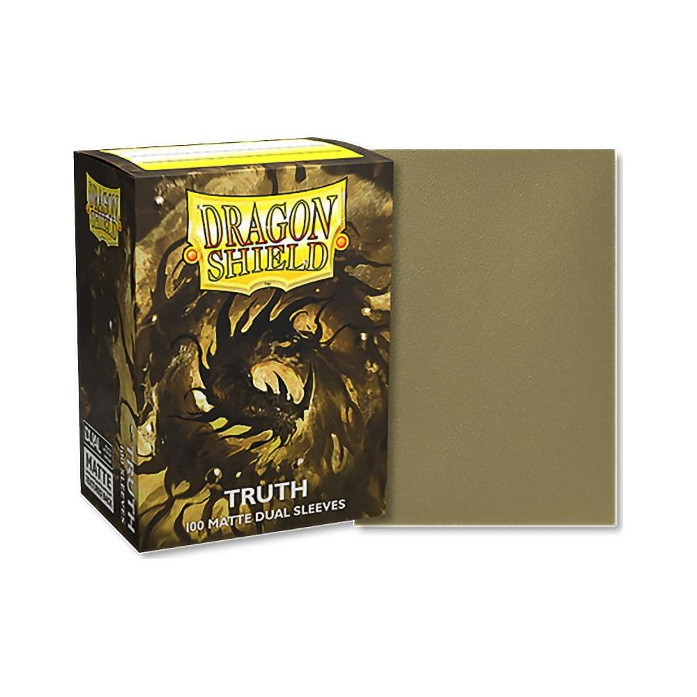 Verpackung von Dragon Shield 'Truth' 100 Matte Dual Sleeves neben einer einzelnen Hülle.