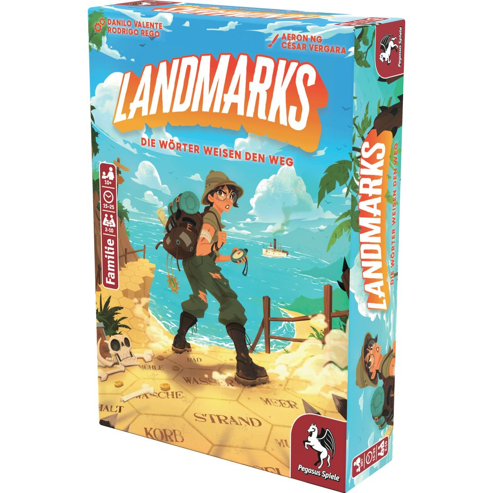Scatola di gioco da tavolo con un esploratore su un sentiero roccioso vicino al mare. Titolo: LANDMARKS.