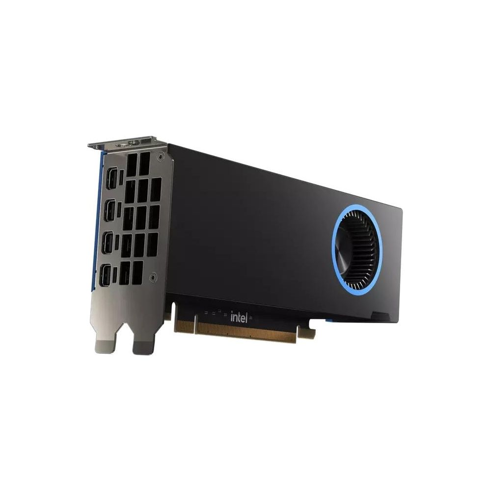 Una tarjeta gráfica Intel negra con detalles azules, ventilador y puertos.
