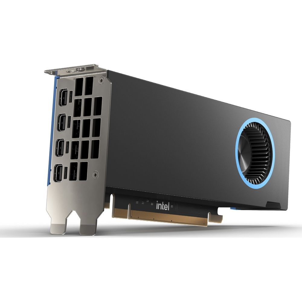 Tarjeta gráfica Intel gris con múltiples puertos y un ventilador en el lado derecho.