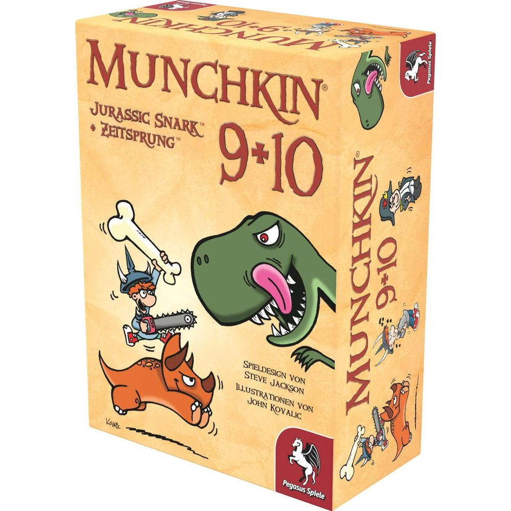 Boîte de jeu de société avec des dinosaures dessinés et un chevalier avec une tronçonneuse.