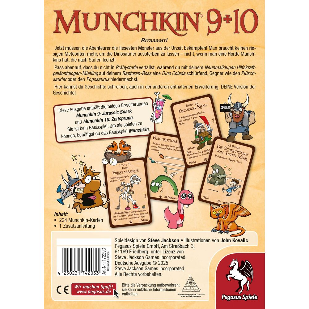 Boîte du jeu Munchkin 9+10 avec cartes et texte. Dinosaures et Vikings style dessin animé.