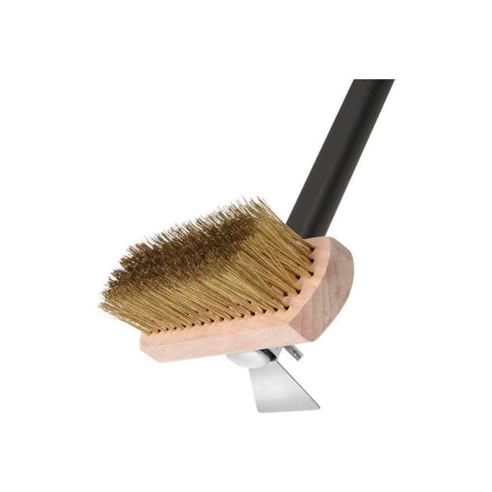 Spazzola per griglia con manico in legno, setole in ottone e raschietto.