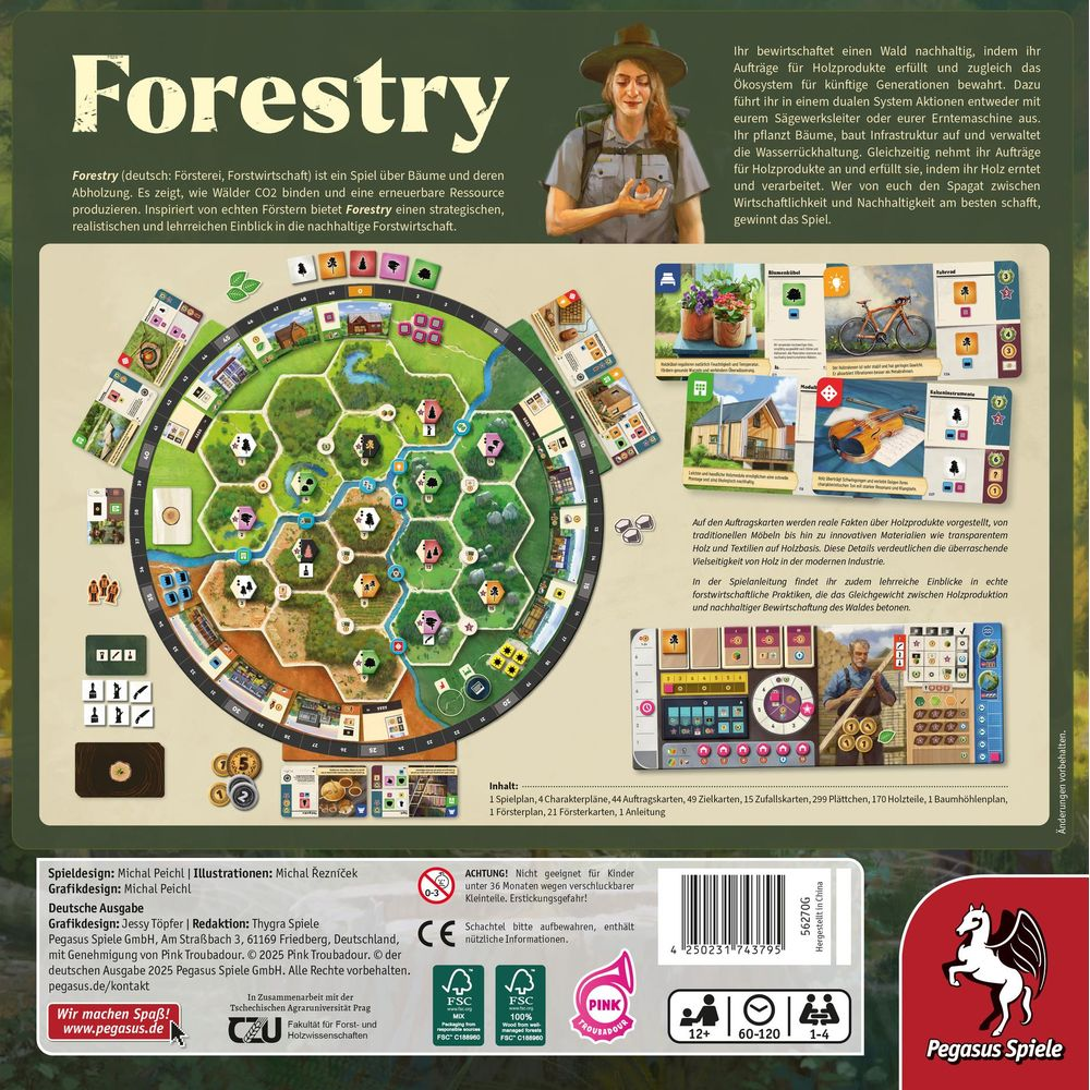 Gioco da tavolo 'Forestry': Tabellone a tema forestale, icone e pedine.