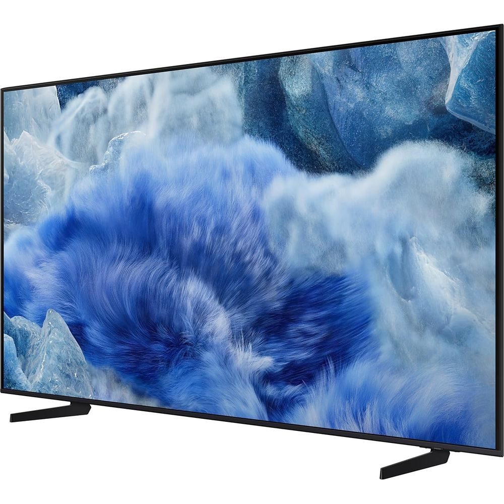 Un televisore moderno che visualizza un'immagine astratta blu e bianca sul suo schermo.