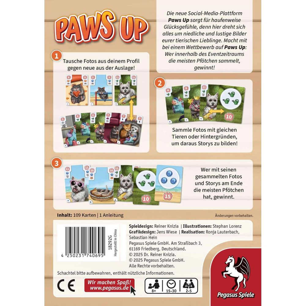 Istruzioni di gioco per 'Paws Up' con tre varianti e informazioni.