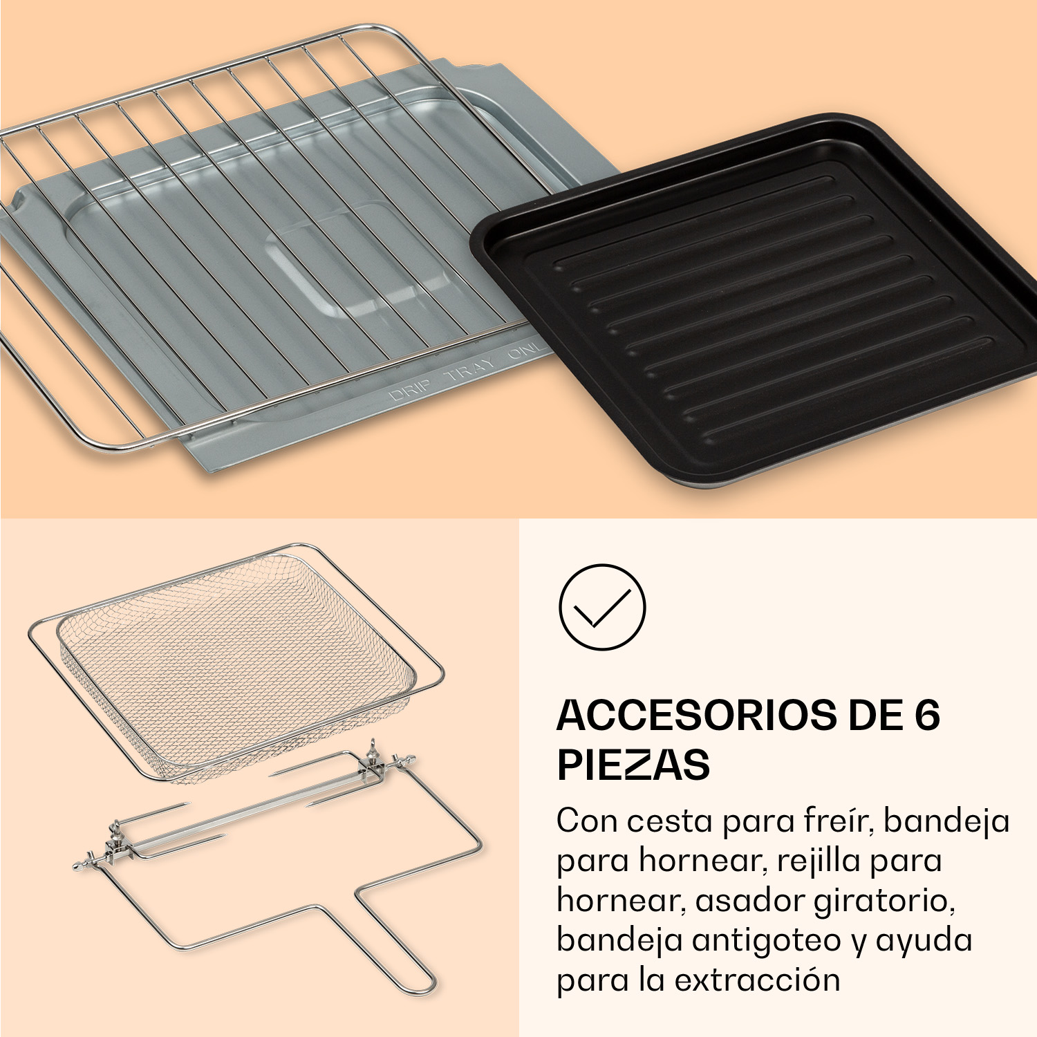 Ein Backofen-Zubehör-Set mit Grillrost, Backblech, Frittierkorb und Drehspieß.