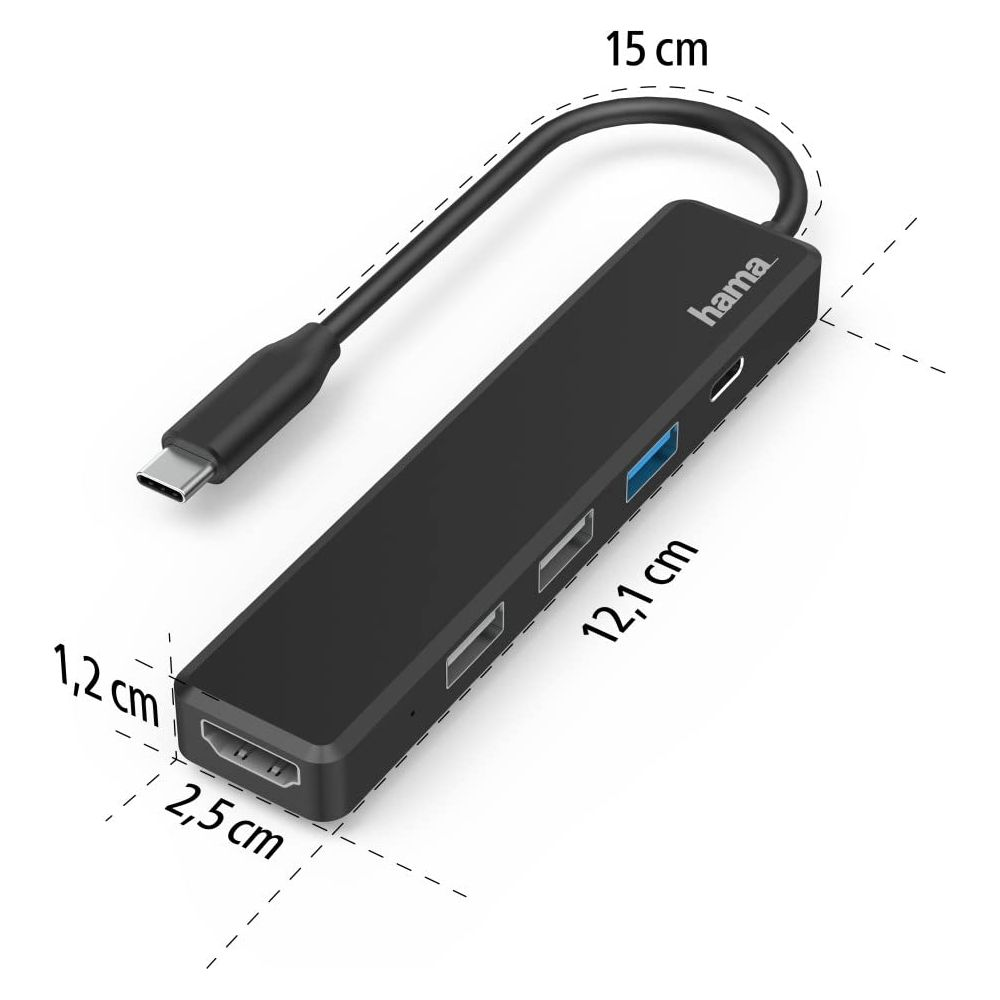 Czarny hub USB-C z portami HDMI, USB-A i wymiarami.