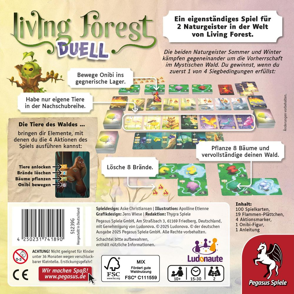 Plancia di gioco con carte e figure per il gioco da tavolo 'Living Forest Duell'.