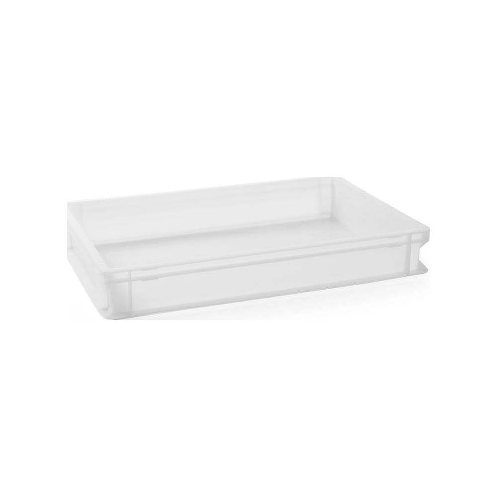 Un contenitore bianco di plastica trasparente su sfondo bianco.