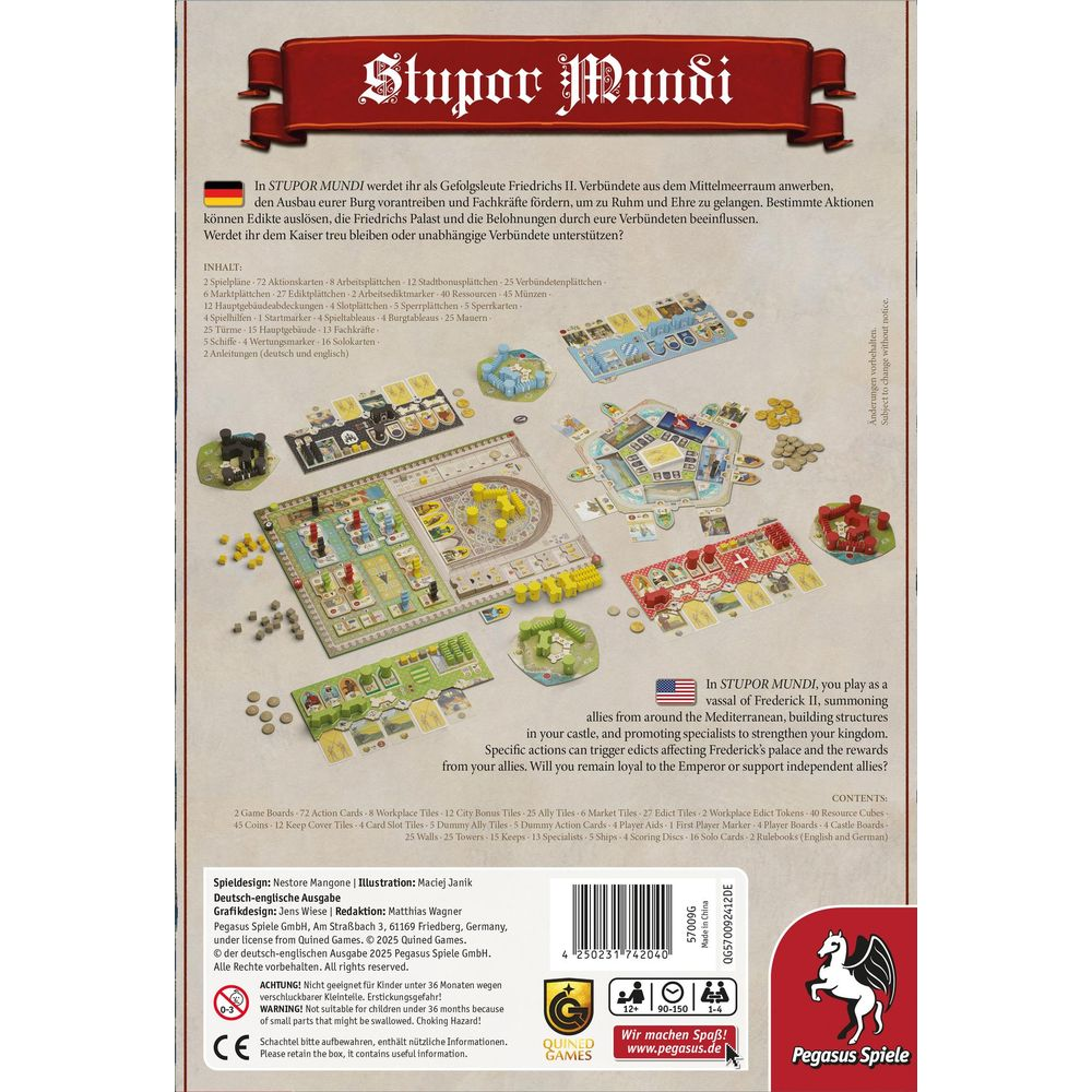 Gioco da tavolo "Stupor Mundi" con tabellone, carte, monete e miniature.