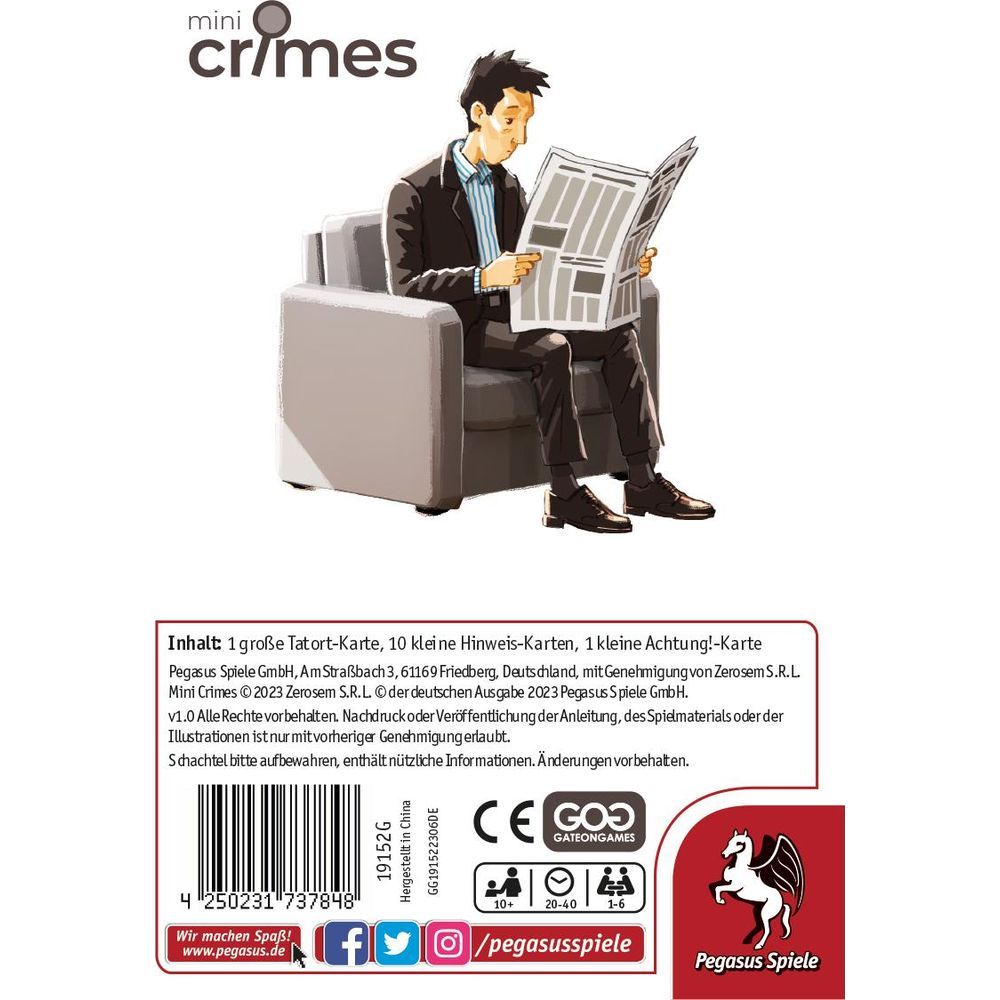 Homme assis dans un fauteuil lisant un journal. Boîte de jeu avec texte et code-barres.