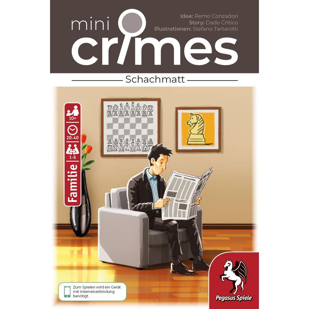 Un homme lit un journal dans un fauteuil. Motifs d'échecs au mur.