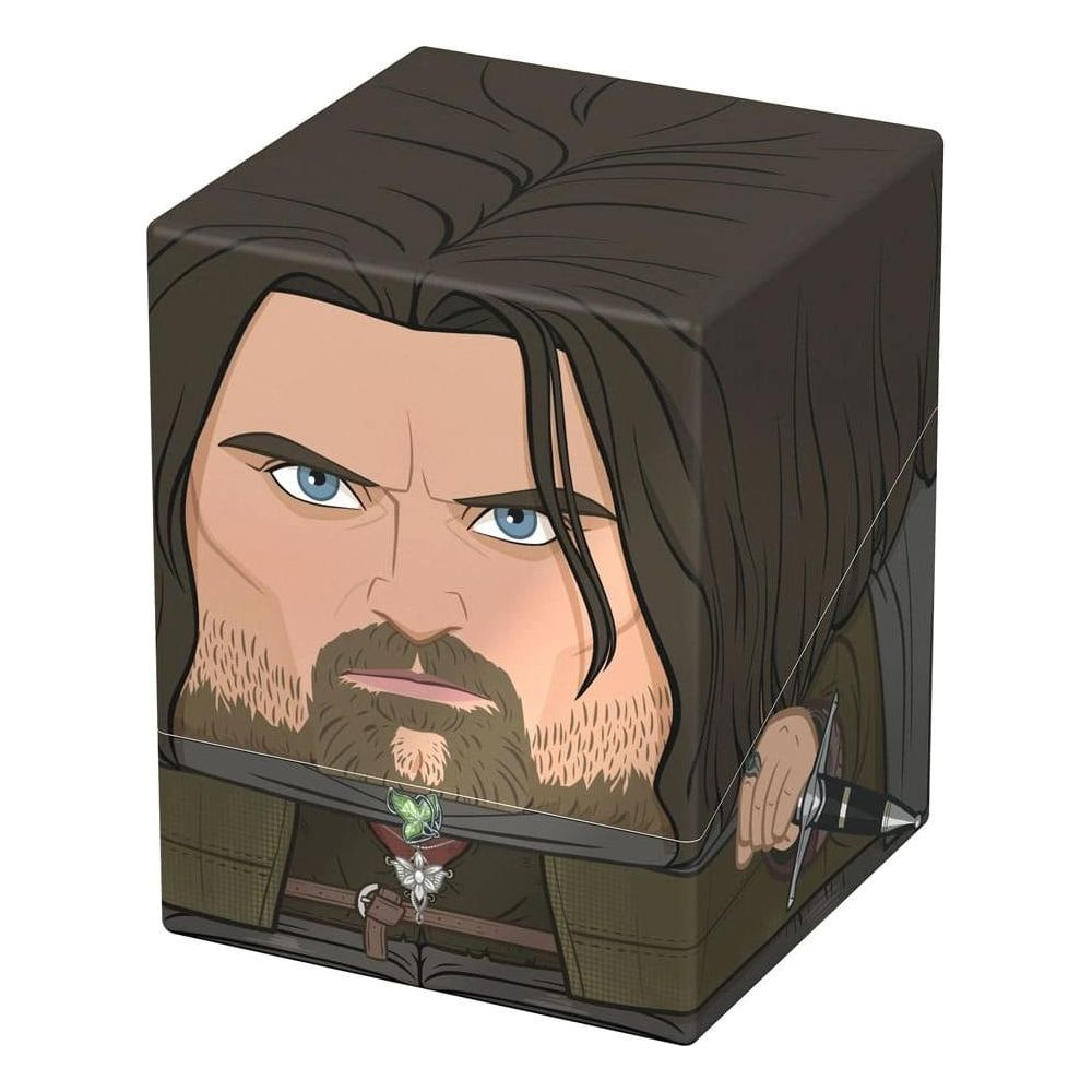 Une boîte cubique présente le dessin animé d'un homme aux yeux bleus, cheveux bruns et barbe.