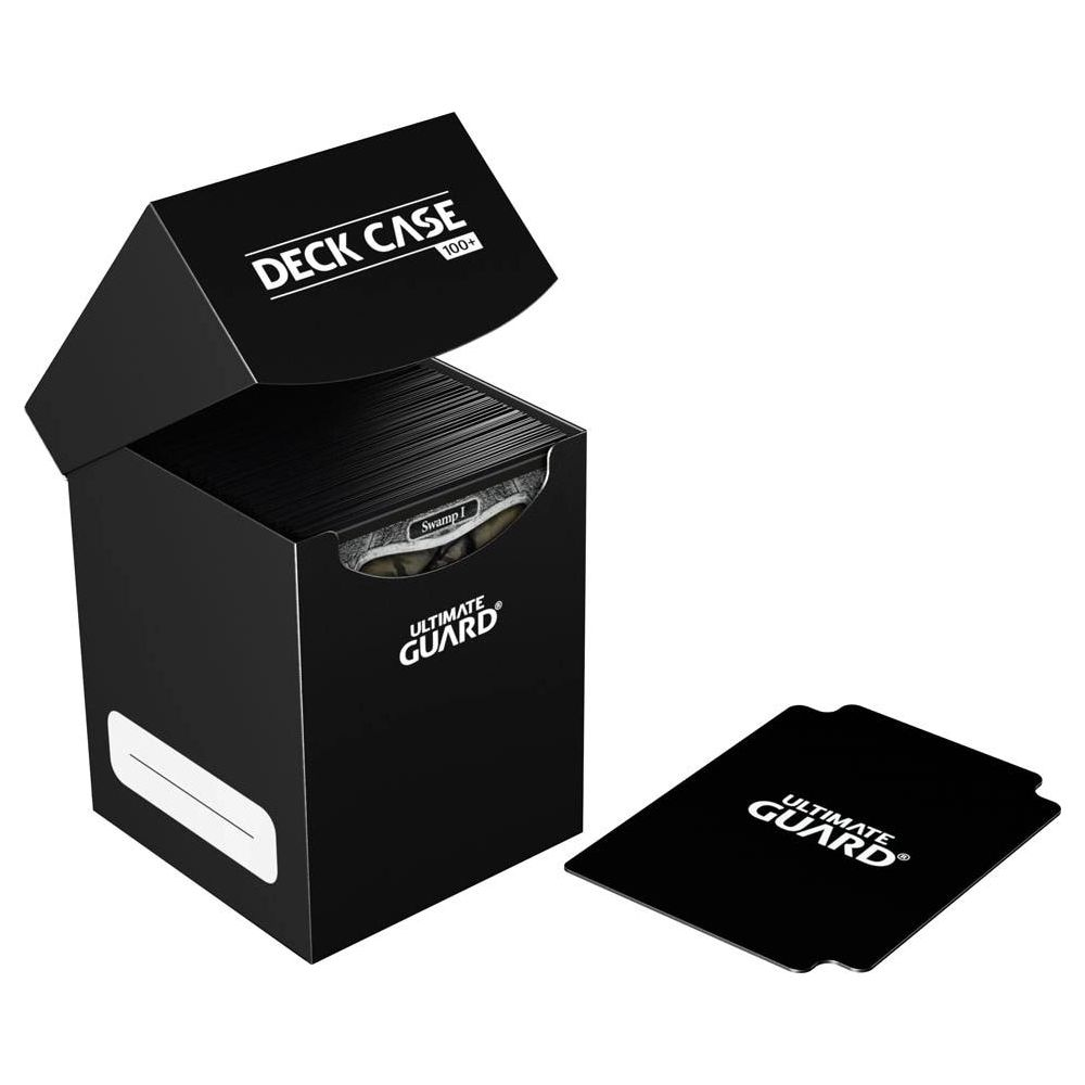 Boîtier de deck noir avec couvercle ouvert, rempli de cartes. Une boîte de deck noire est à côté.