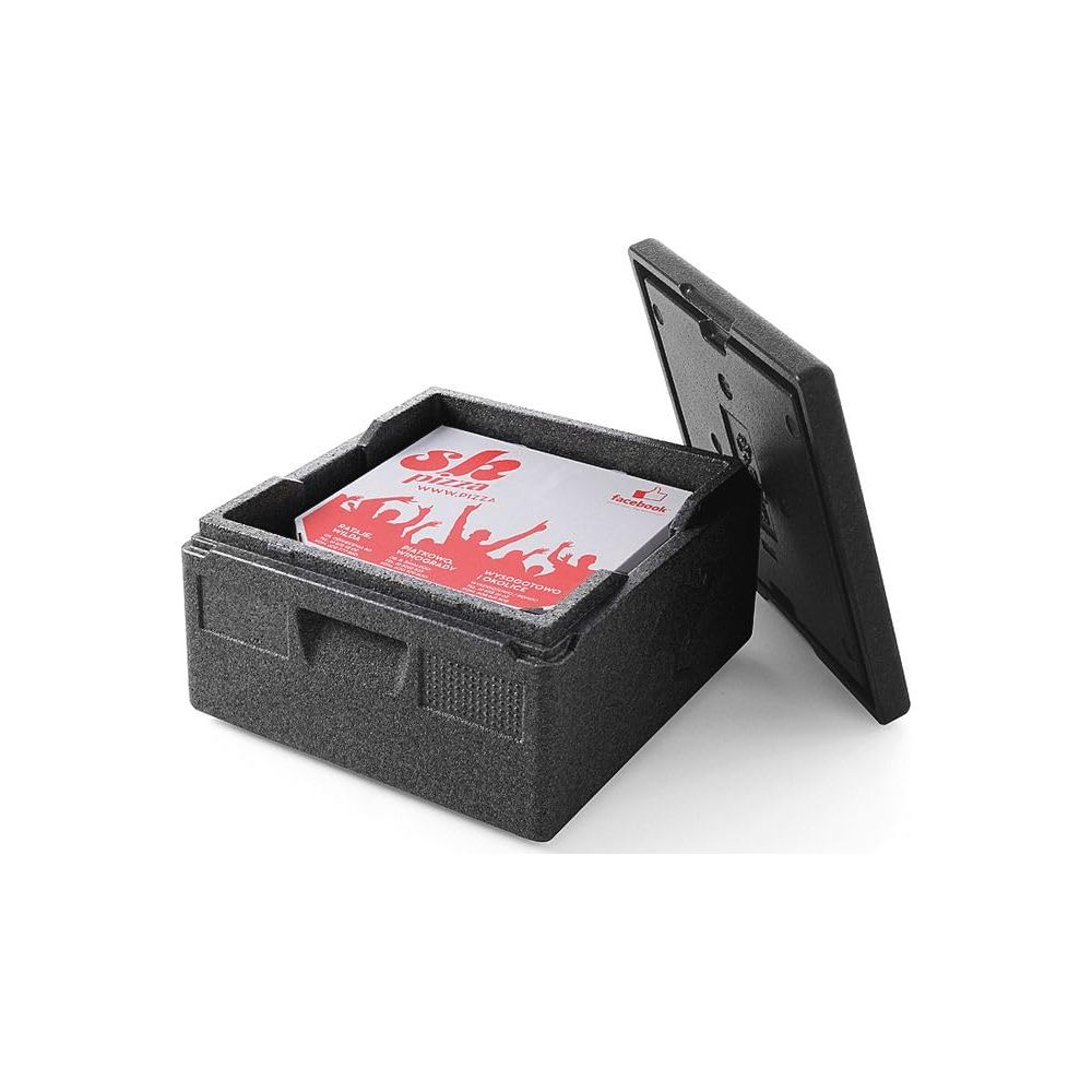 Scatola nera in polistirolo con coperchio, riempita con inserti di carta.