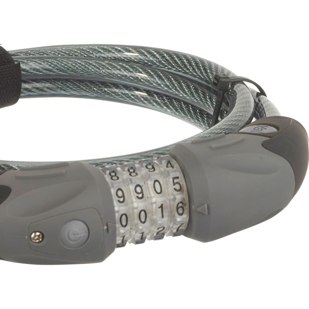 Candado gris con cable de acero y diales que muestran 9905.