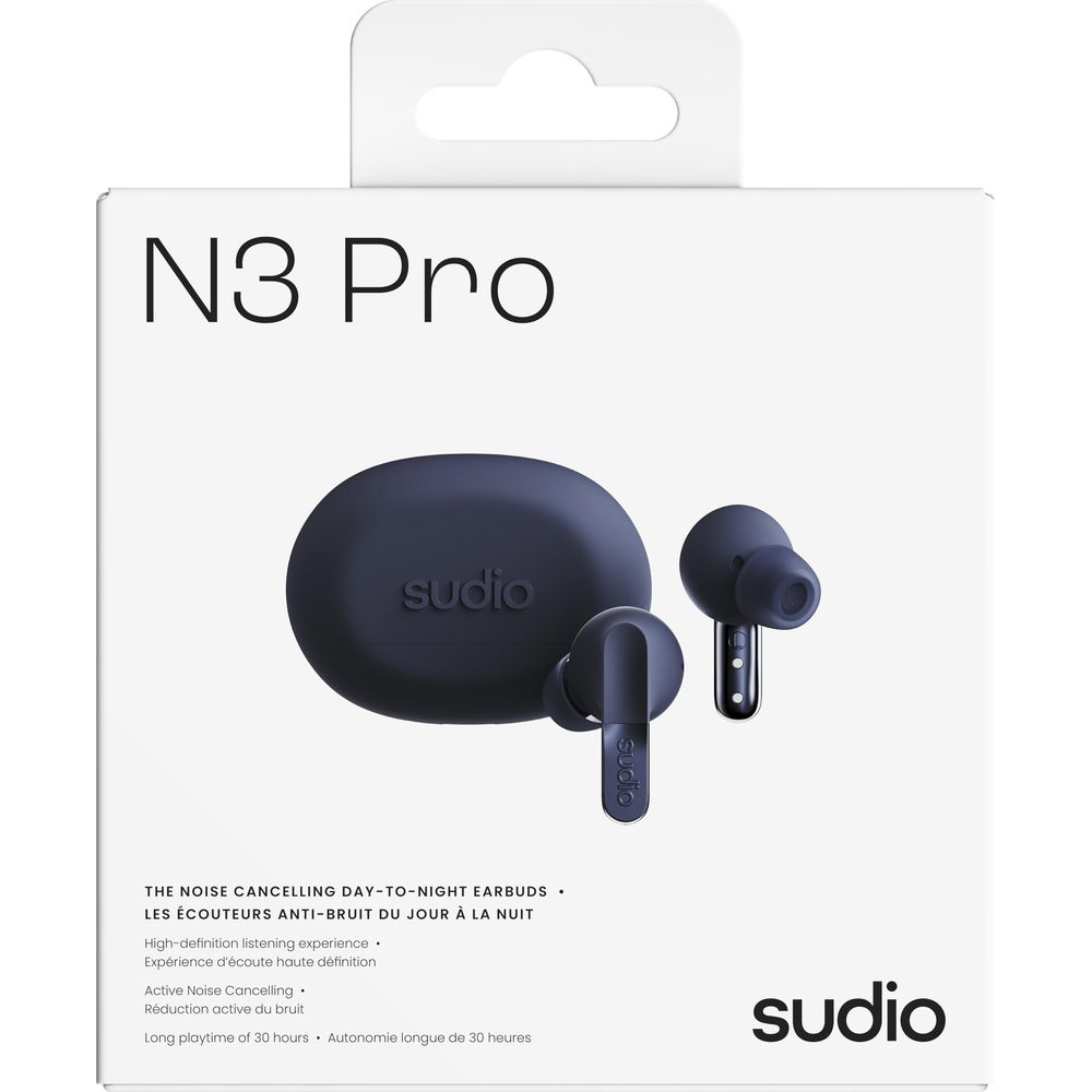 Écouteurs et étui de chargement Sudio N3 Pro bleu foncé sur boîte blanche.