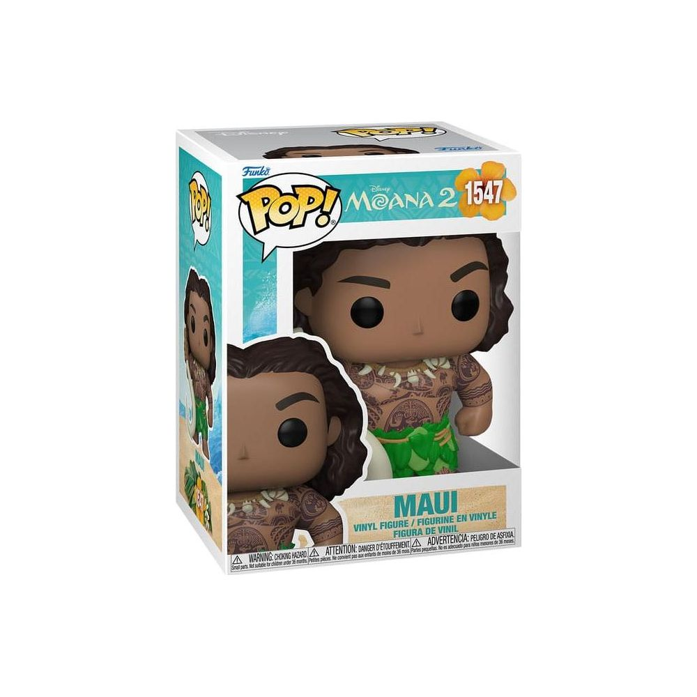 Action figure Funko Pop! Moana 2 Maui in scatola, mostra tatuaggi sul petto.