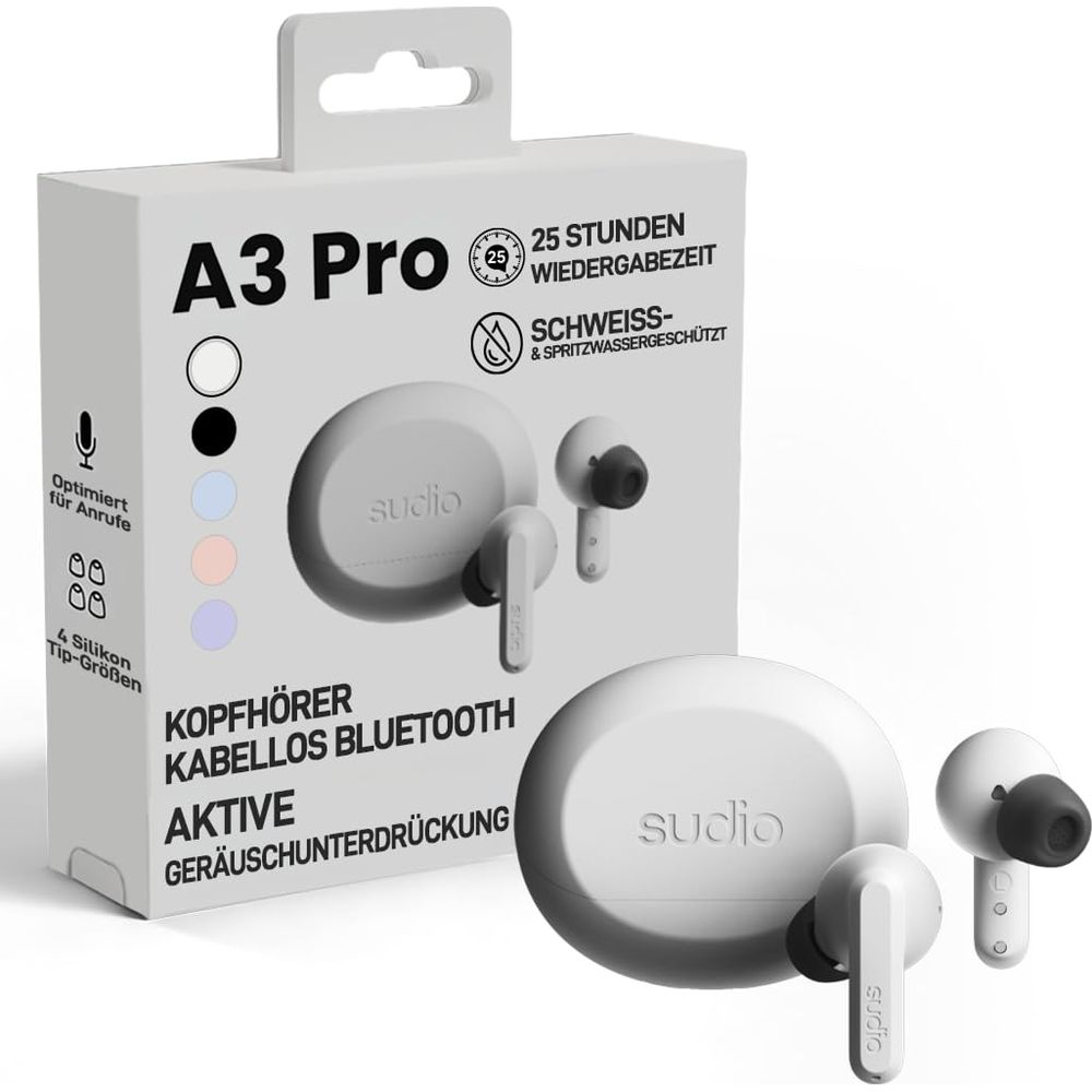 Auricolari bianchi Sudio A3 Pro con custodia di ricarica, resistenti al sudore, 25h.