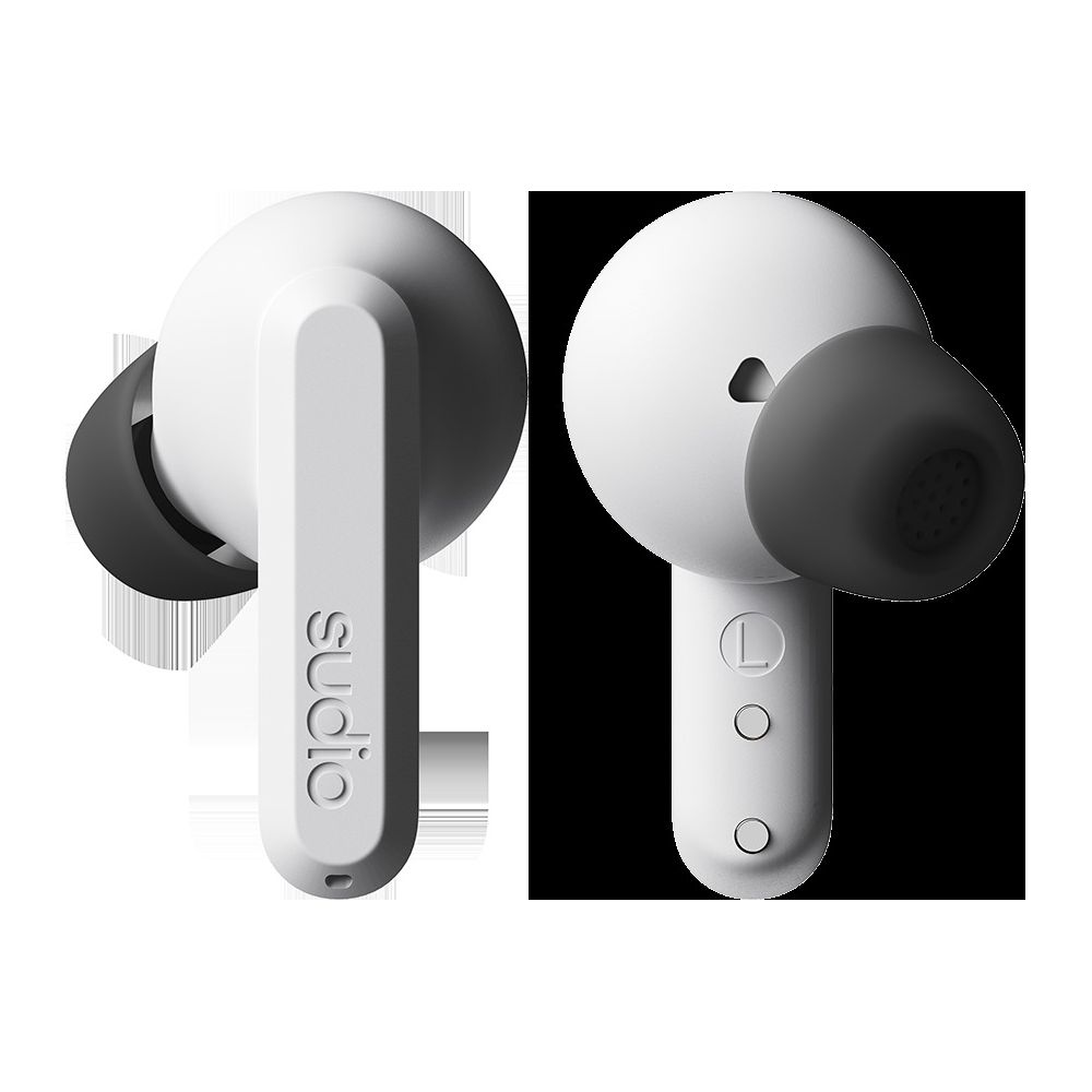 Due auricolari wireless bianchi con punte grigie e logo "sudio".