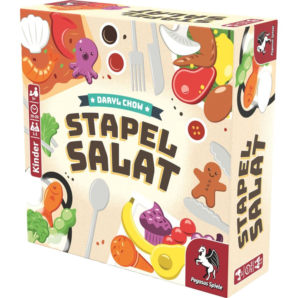 Brettspiel-Schachtel mit bunten Essen-Illustrationen und dem Titel Stapel Salat.